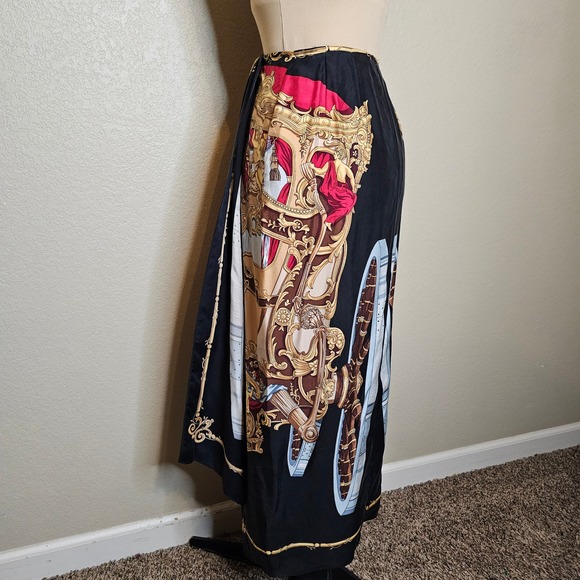 Emanuel Ungaro Vintage 100% Silk Baroque Scarf Print Maxi Skirt Black Gold 4 - Picture 6 of 12